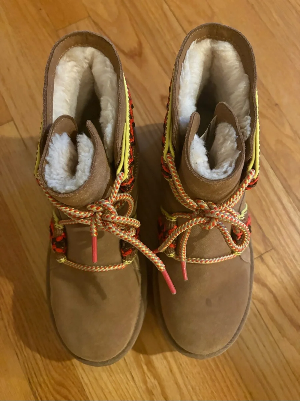 UGG Tan Suede Platform Ankle Boots with Red and Yellow Embroidered Trim
